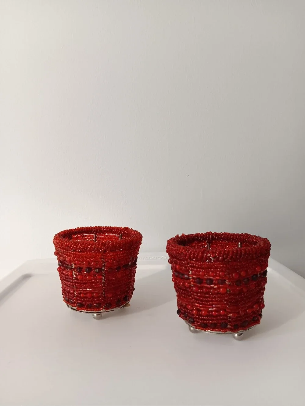 Pottery Barn Sunset Beaded Red Tealight Votive Candle Holders Set of 2 Silver 2